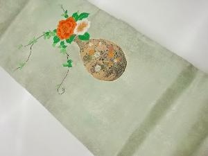 リサイクル　花瓶・花々に牡丹模様刺繍名古屋帯